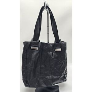 Worthington Black Leather Tote Bag With Purple Fabric Lining & Zippered Pocket